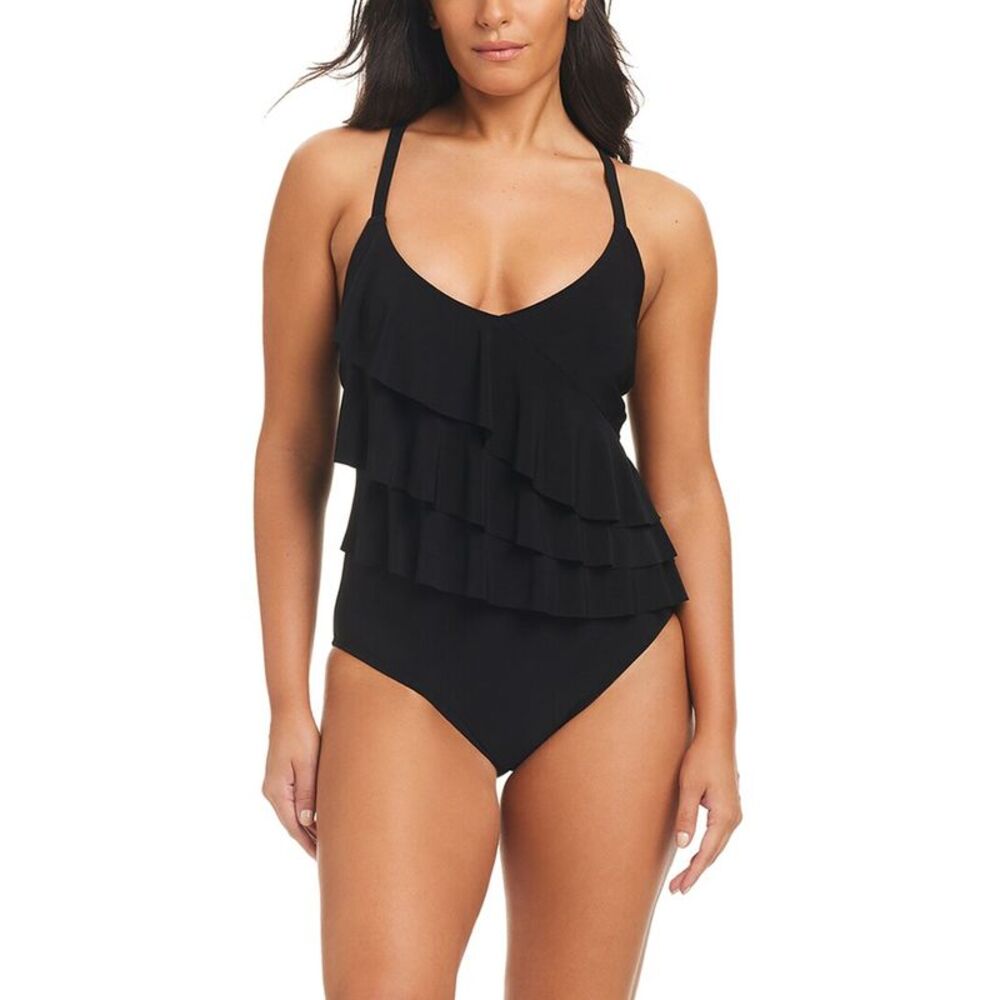 Beyond Control Swimwear Womens  Solid Essentials Ruffle Tier One-Piece, Black
